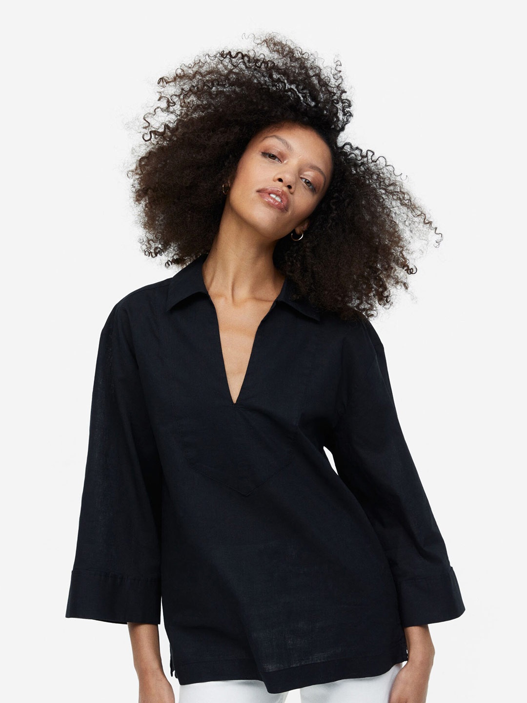 

H&M Linen-Blend Popover Shirt, Black