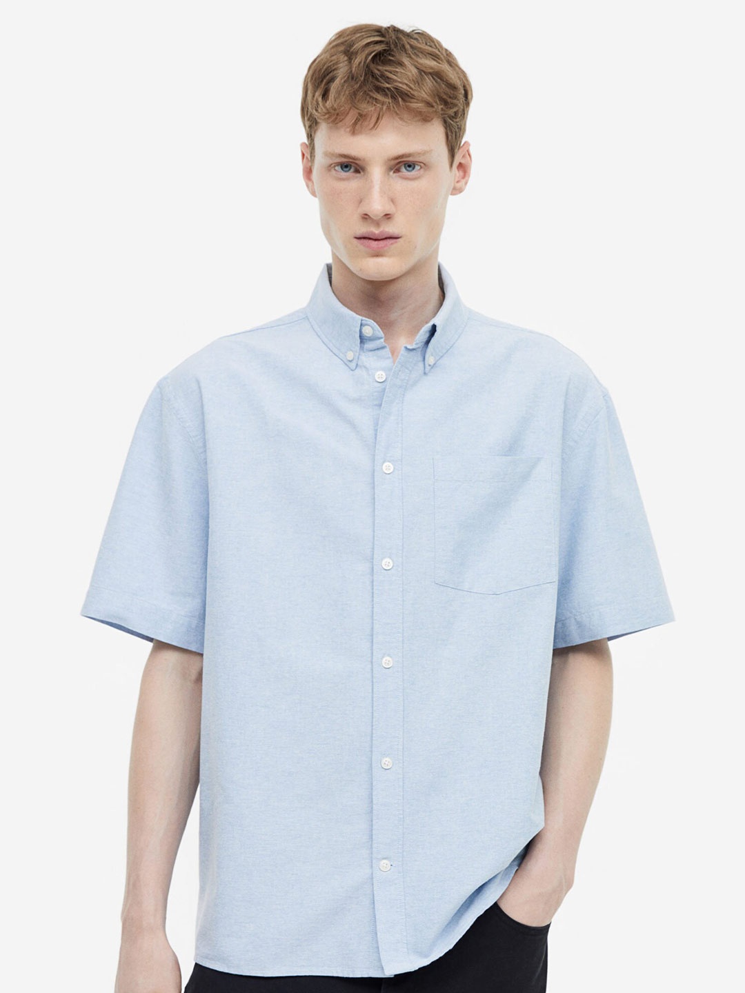 

H&M Relaxed Fit Short-Sleeved Oxford Shirt, Blue