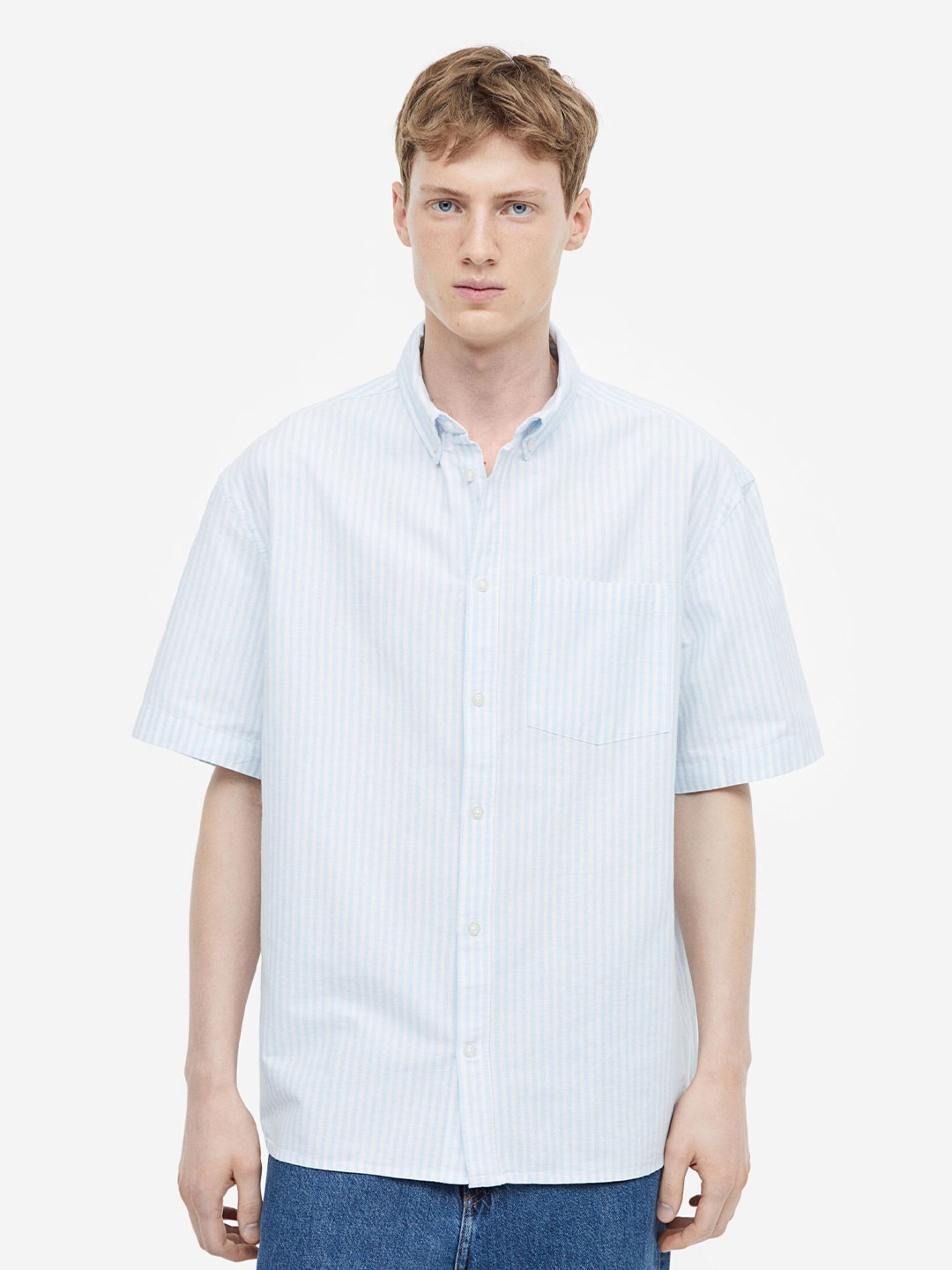 

H&M Relaxed Fit Short-Sleeved Pure Cotton Oxford Shirt, Blue