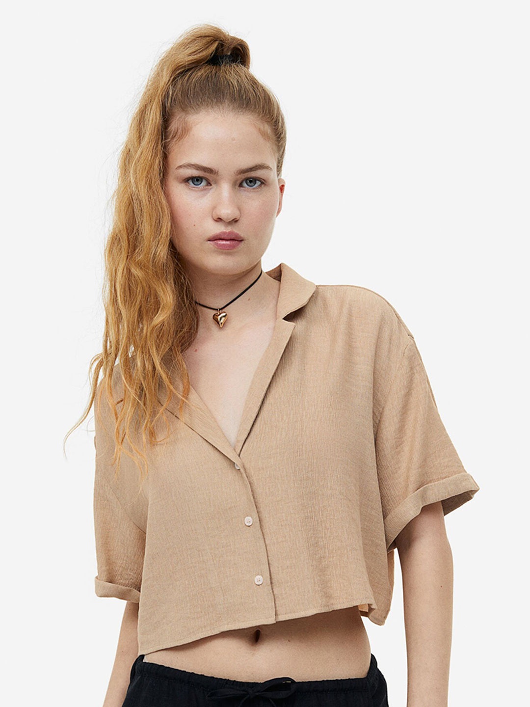 

H&M Crinkled Resort Shirt, Beige