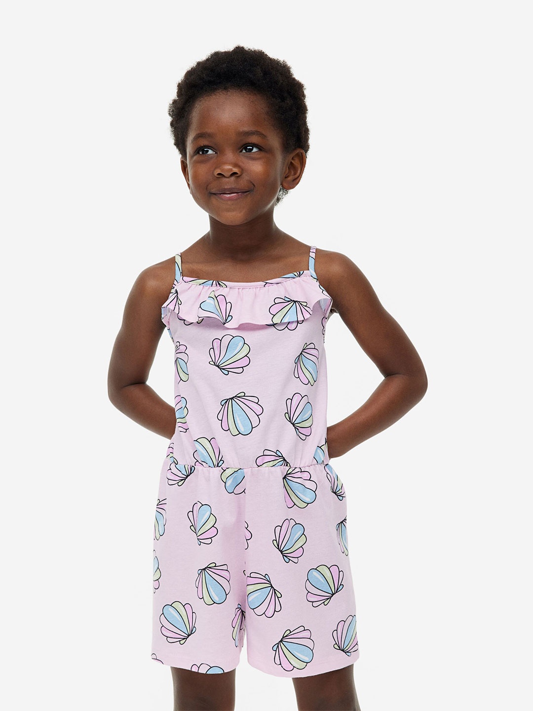 

H&M Girls Frill-Trimmed Patterned Pure Cotton Jumpsuit, Pink