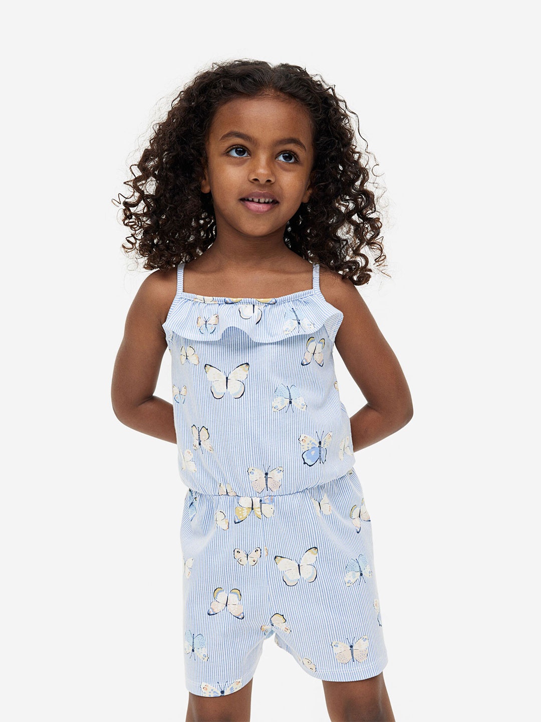 

H&M Girls Frill-Trimmed Patterned Pure Cotton Jumpsuit, Blue