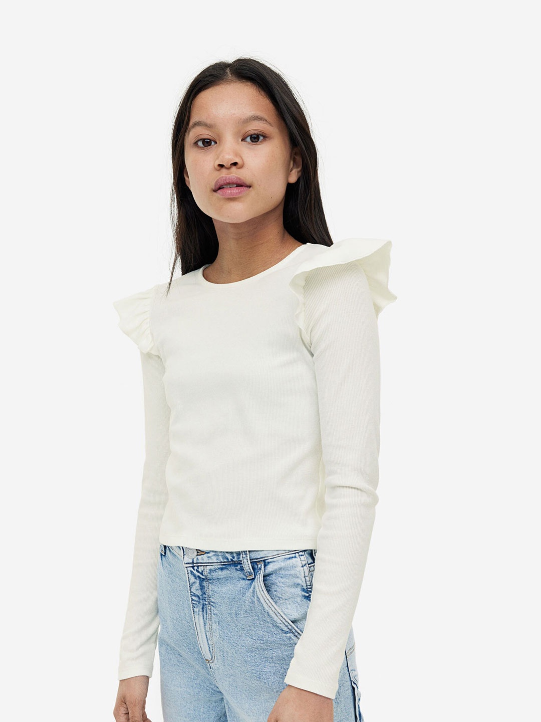 

H&M Girls Flounce-Trimmed Ribbed Top, White