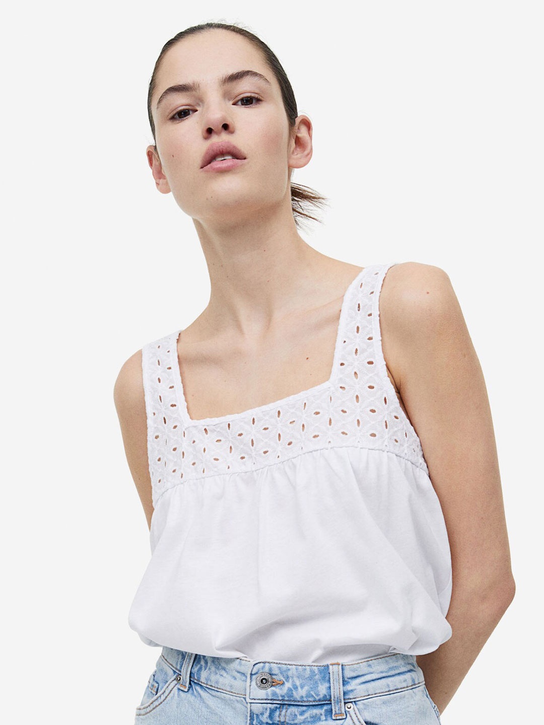 

H&M Broderie Anglaise-Detail Pure Cotton Top, White