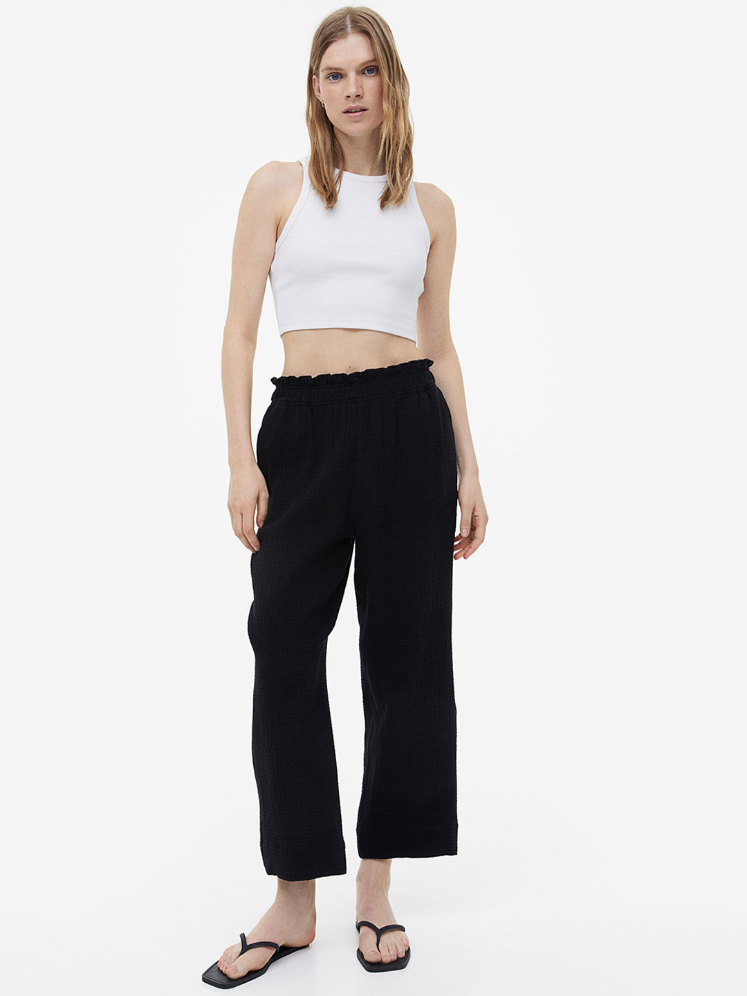 

H&M Women Pure Cotton Paper Bag Trousers, Black