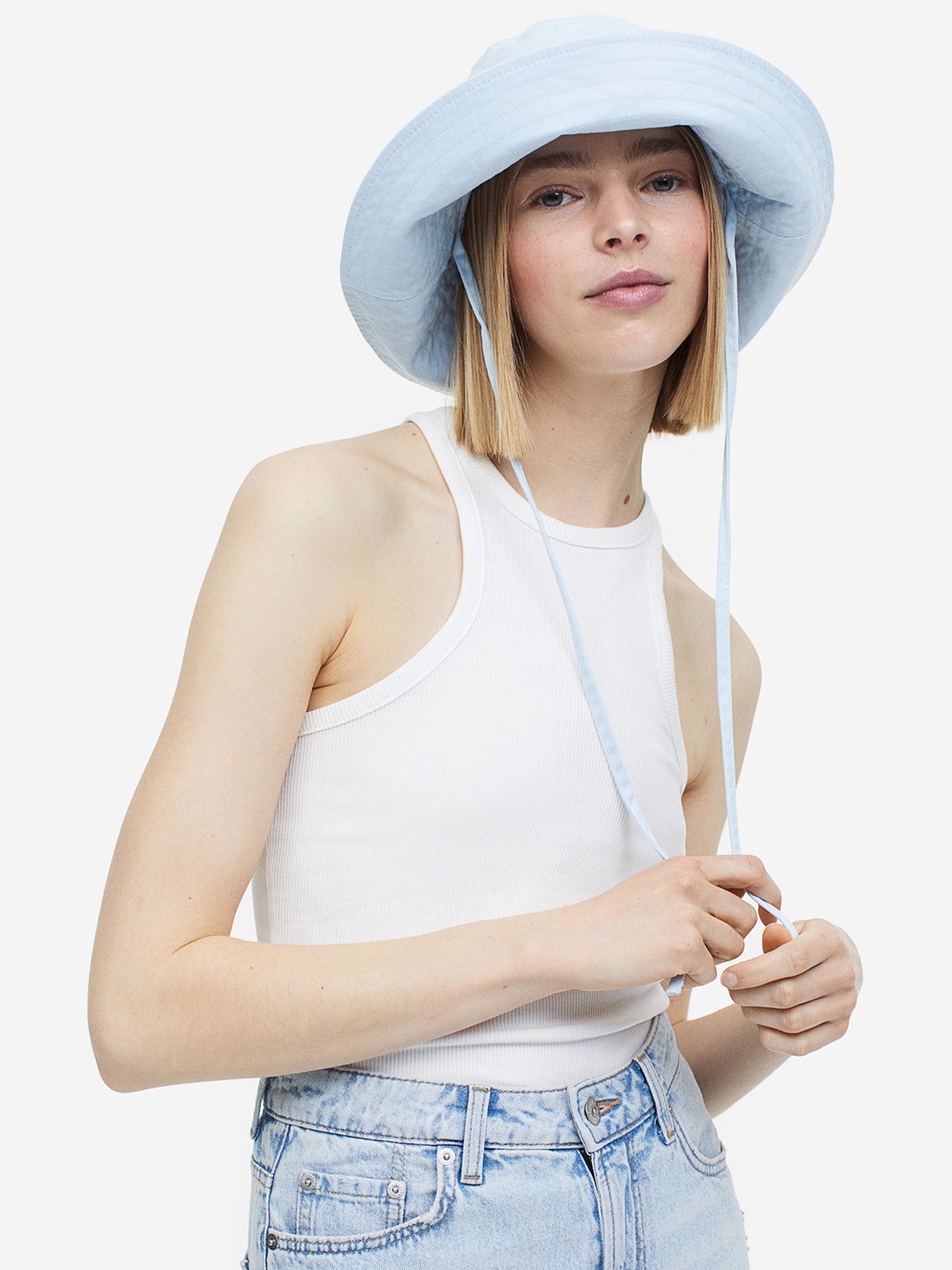 

H&M Women Tie-Detail Pure Cotton Sun Hat, Blue
