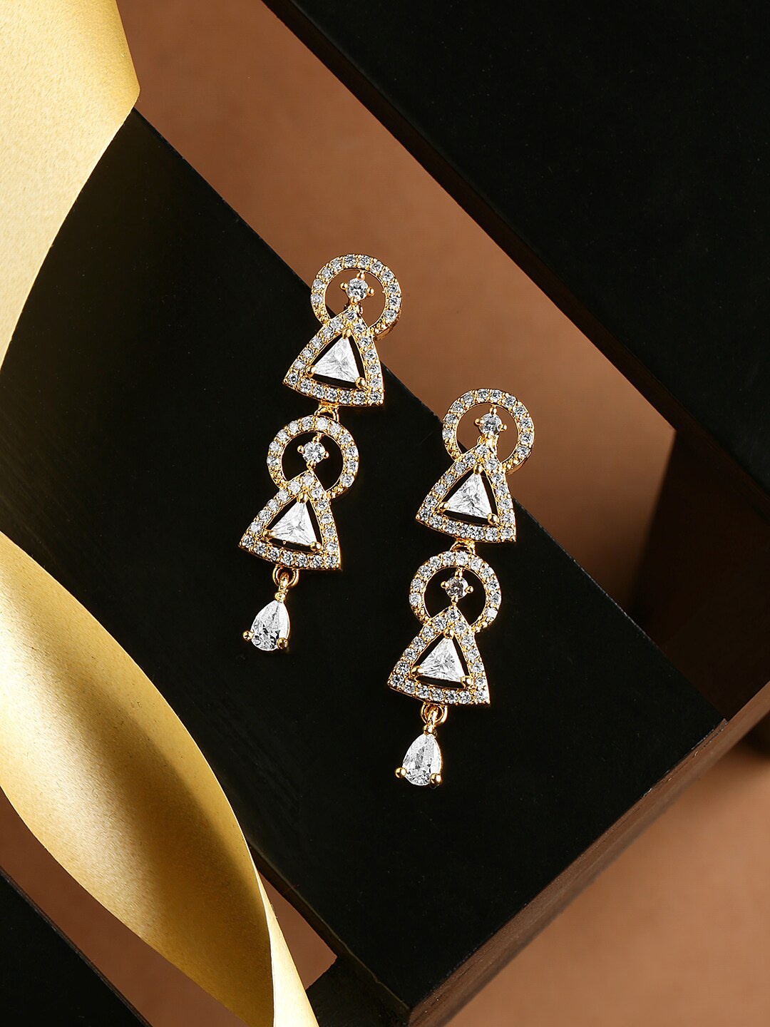 

DressBerry Gold-Plated Triagular Shaped Zircon Studded Drop Earrings