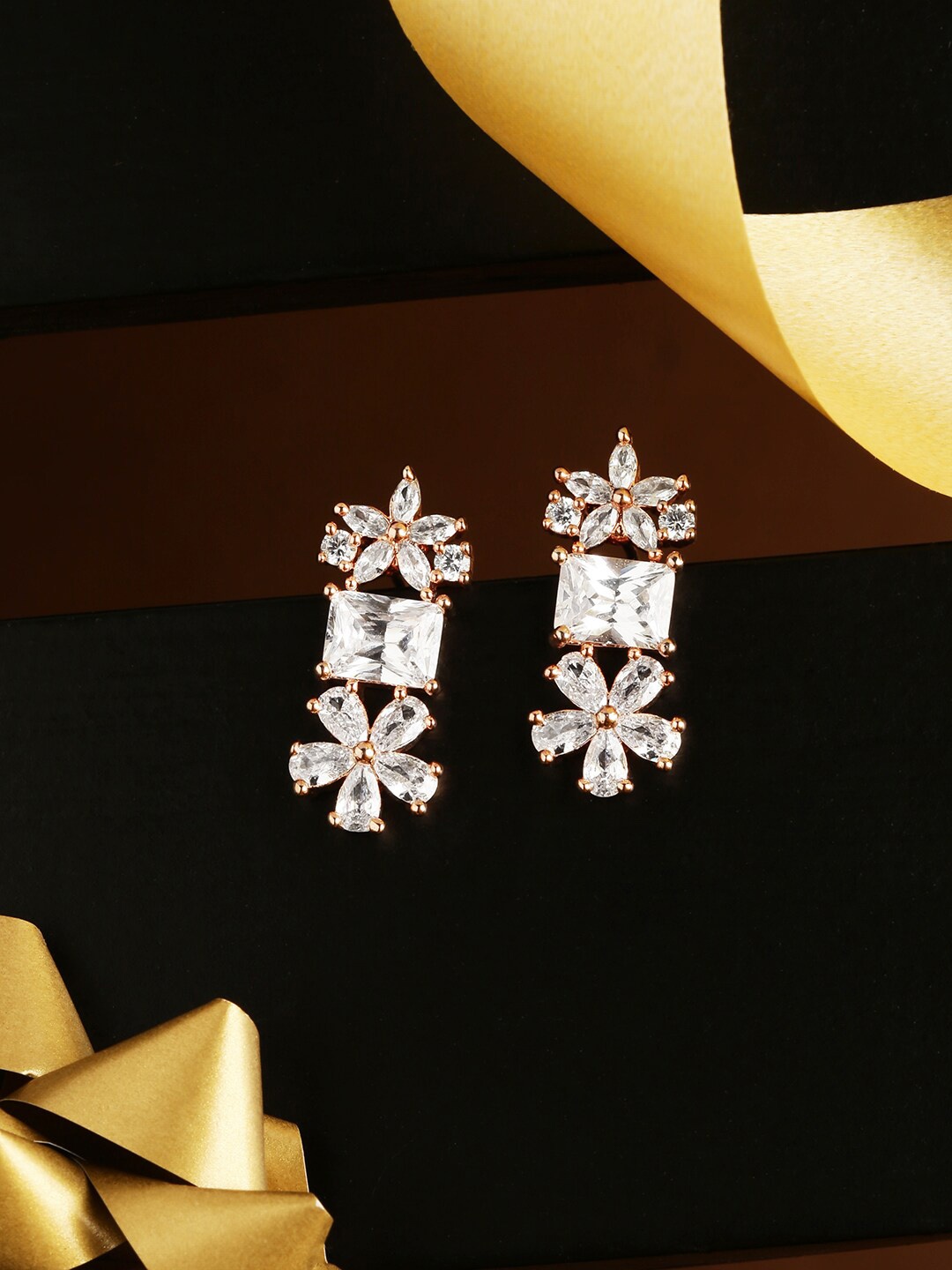 

DressBerry Rose Gold-Plated Floral Zircon Studded Drop Earrings