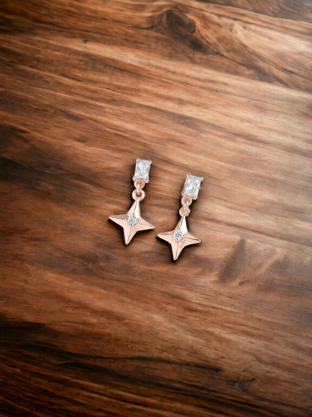 

DressBerry Rose Gold-Plated Star Shaped Zircon Studded Drop Earrings