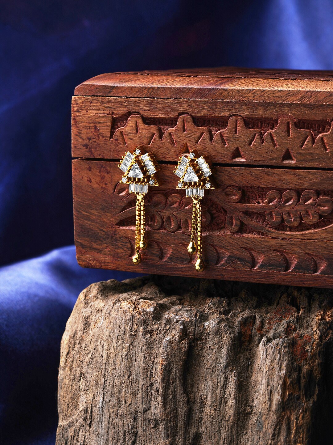 

DressBerry Gold-Plated Triangular Zircon Studded Drop Earrings