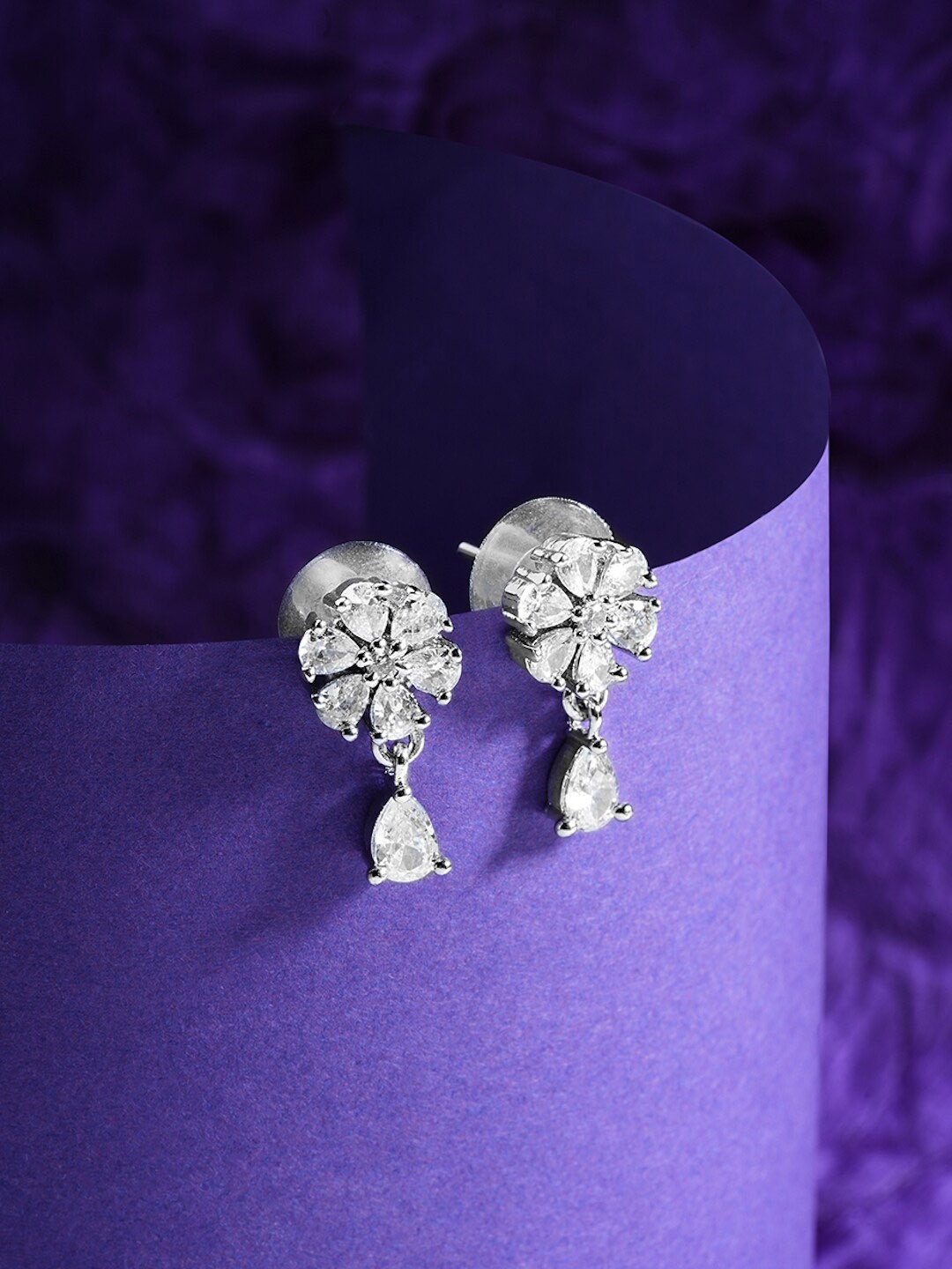 

DressBerry Silver-Plated Floral Zircon Studded Drop Earrings