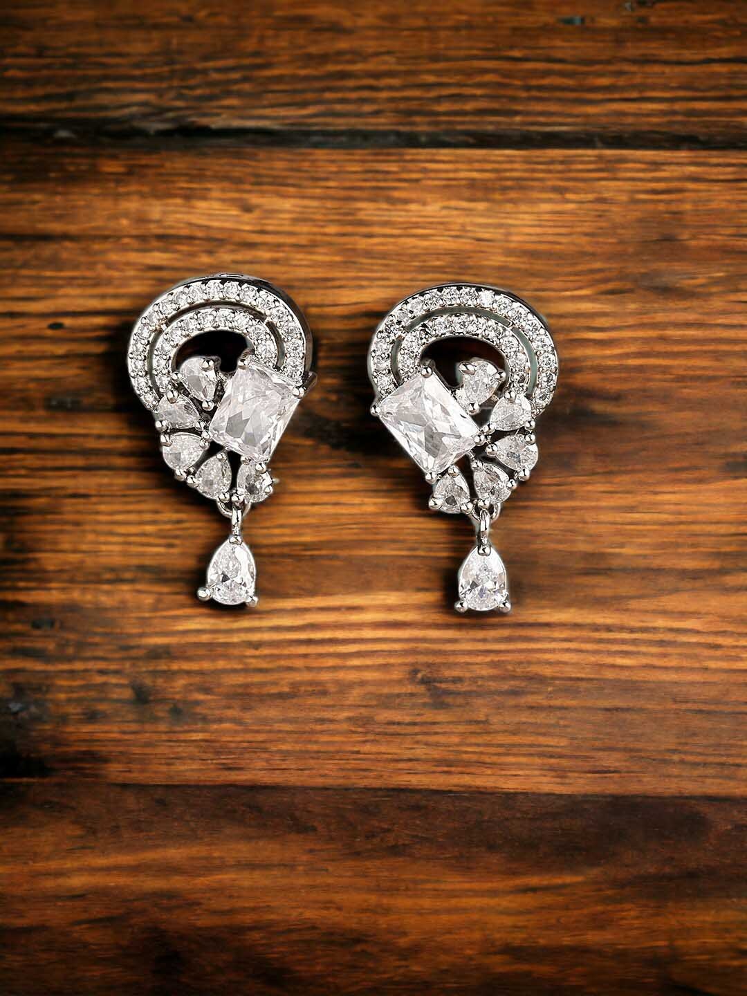 

DressBerry Silver-Plated Geometric Zircon Studded Drop Earrings