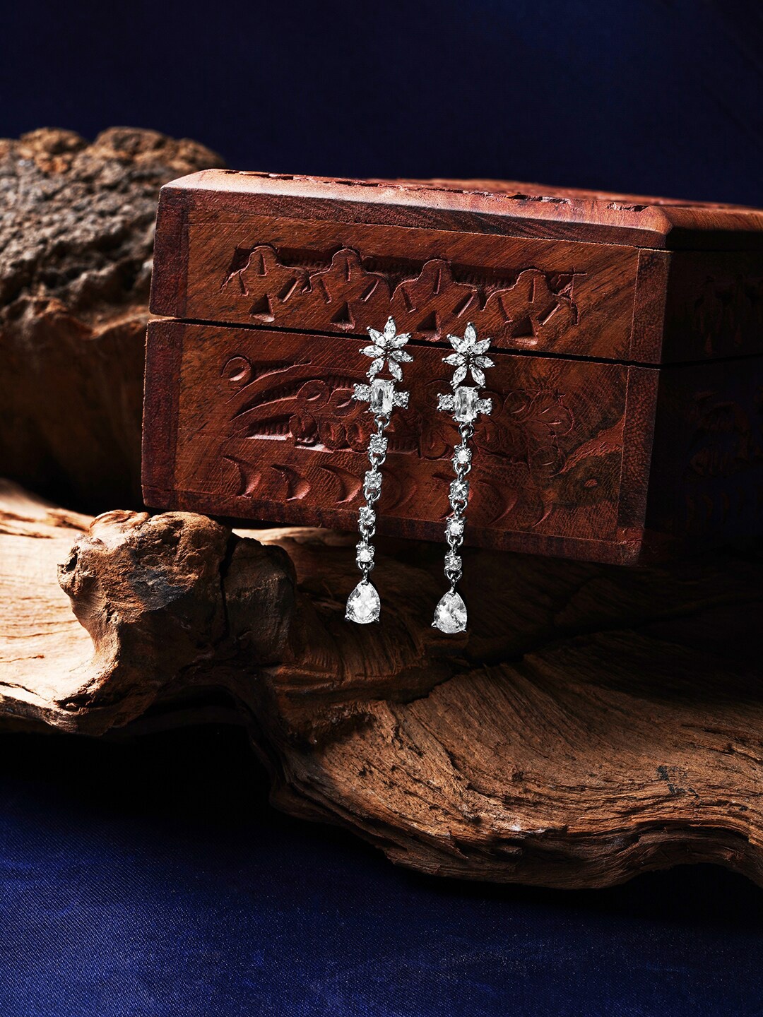 

DressBerry Silver-Plated Floral Zircon Studded Drop Earrings