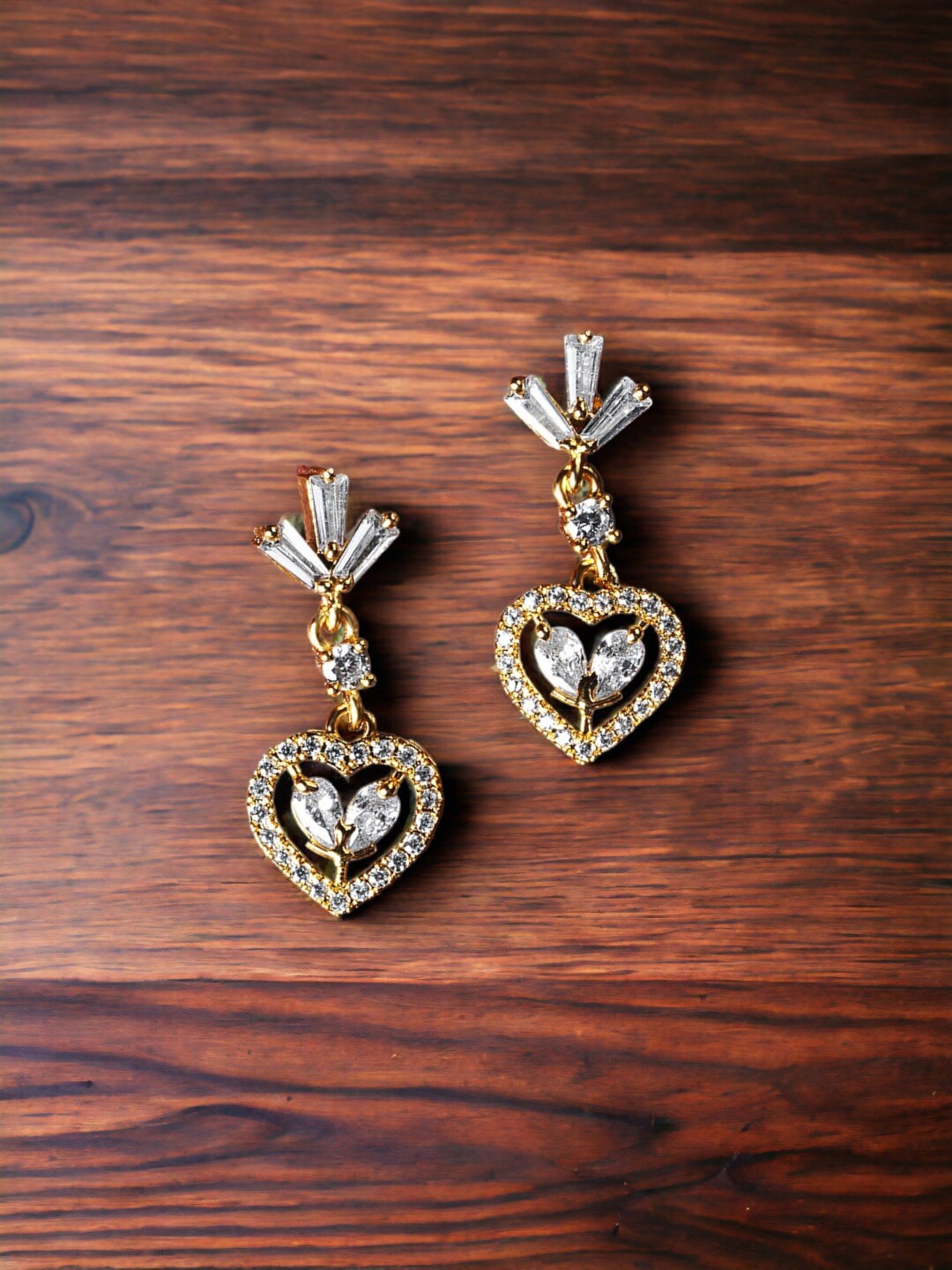 

DressBerry Gold-Plated Heart Shaped Zircon Studded Drop Earrings