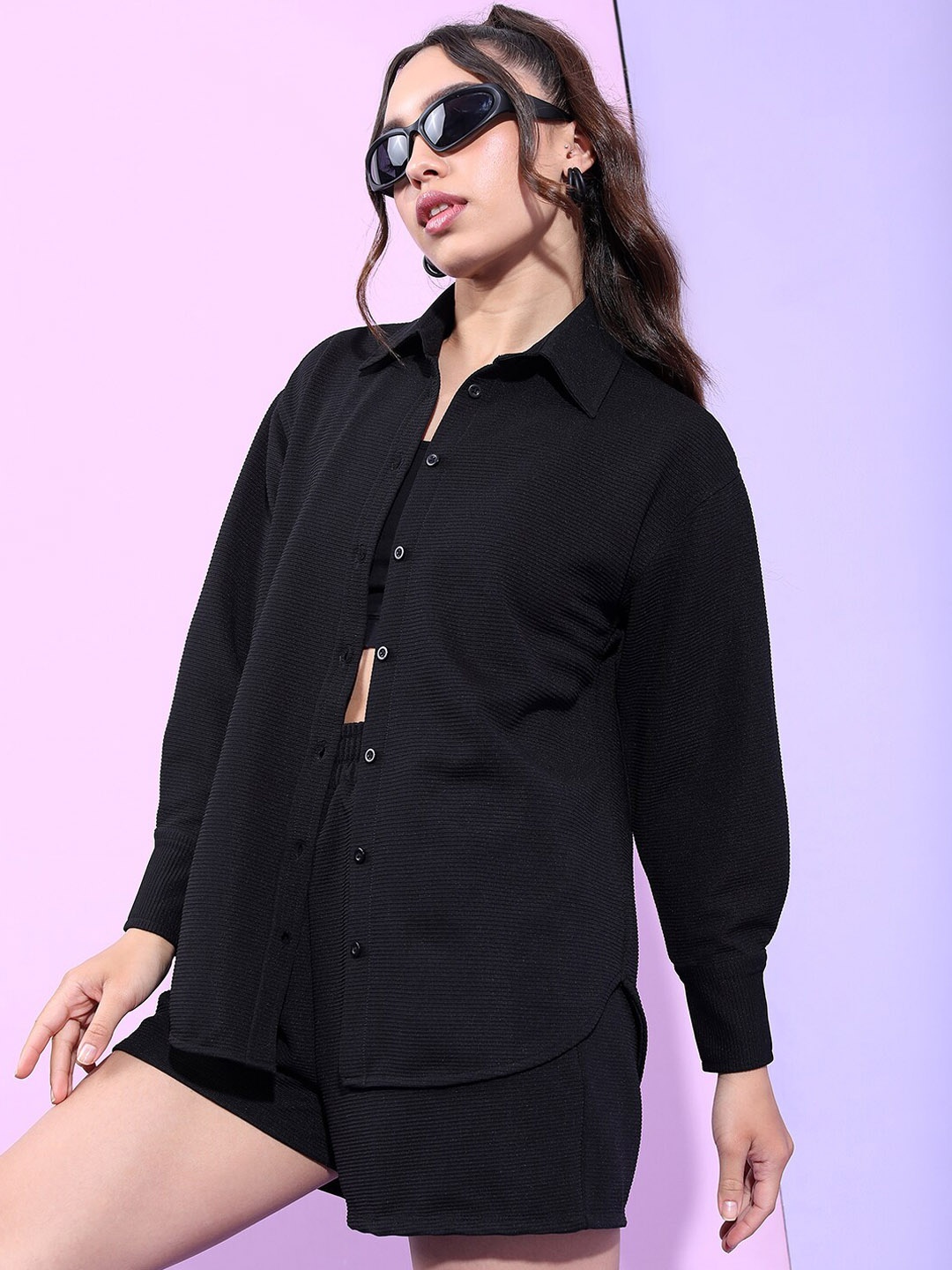 

Tokyo Talkies Women Structured Knitted Shirt with Short, Black