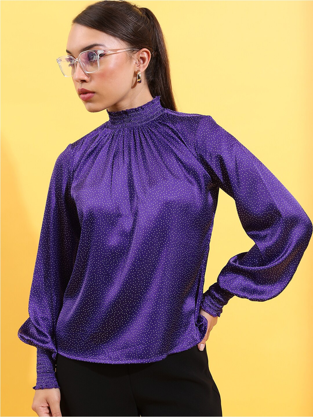 

Tokyo Talkies Geometric Printed High Neck Puff Sleeves Top, Purple