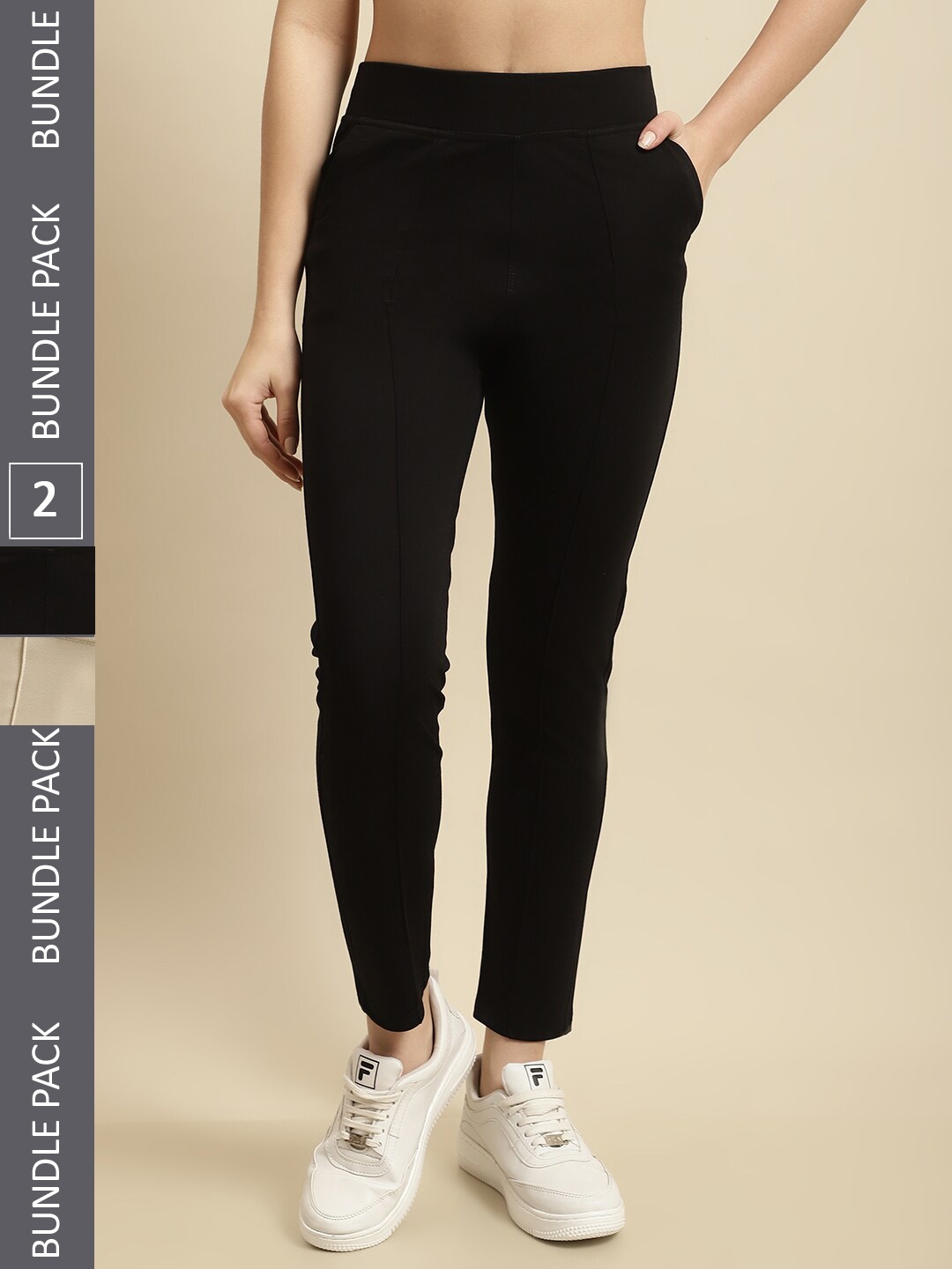 

TAG 7 Women Pack Of 2 Skinny Fit Jeggings, Nude