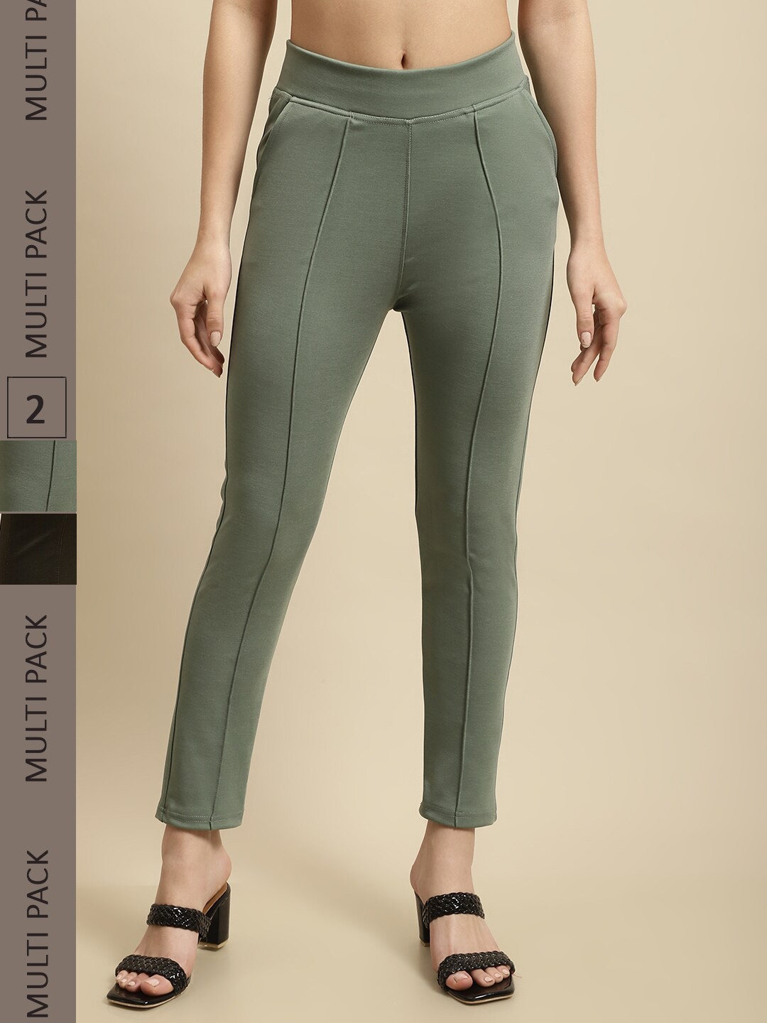 

TAG 7 Women Pack Of 2 Skinny Fit Jeggings, Green