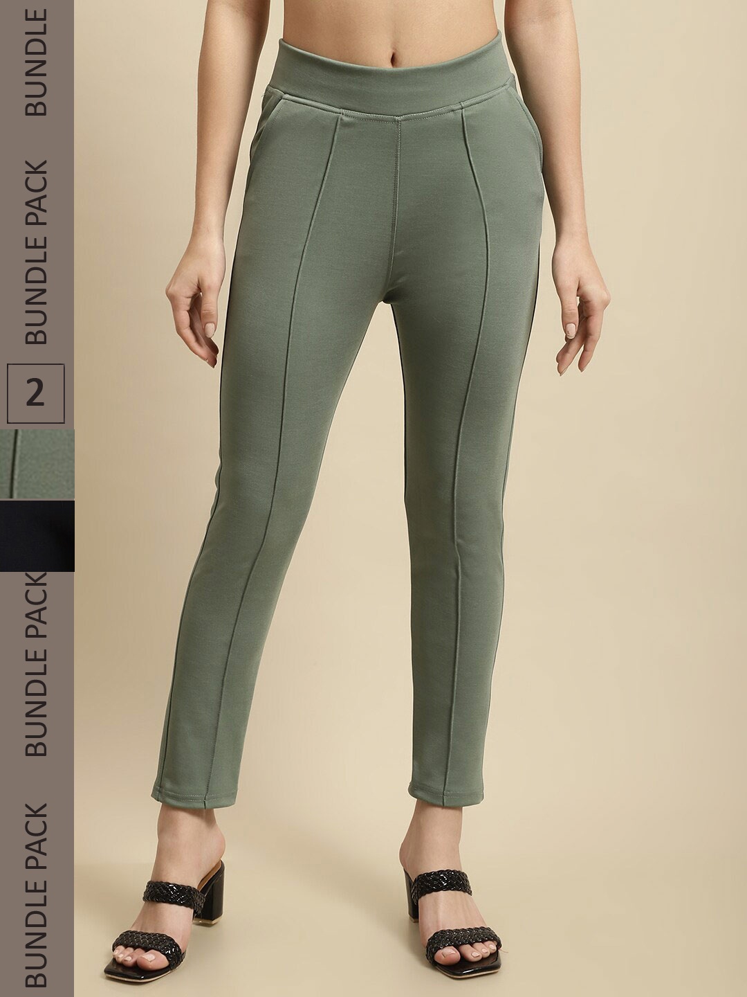 

TAG 7 Women Pack Of 2 Skinny Fit Jeggings, Green