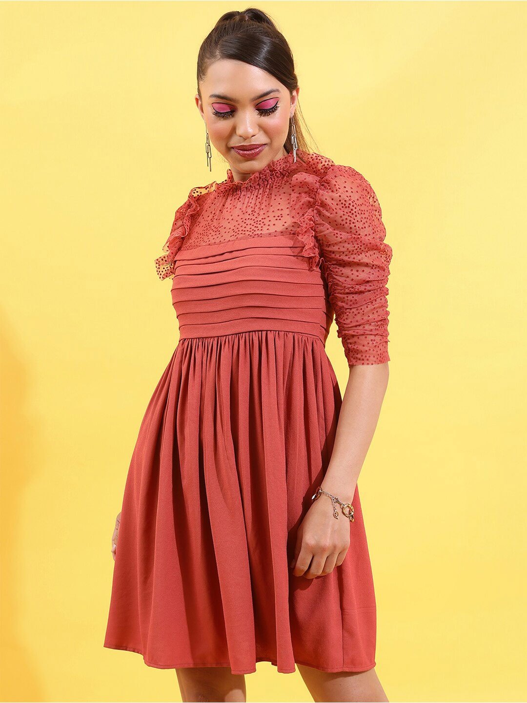 

Tokyo Talkies Red Self Design Puff Sleeves Ruffled Fit & Flare Dress