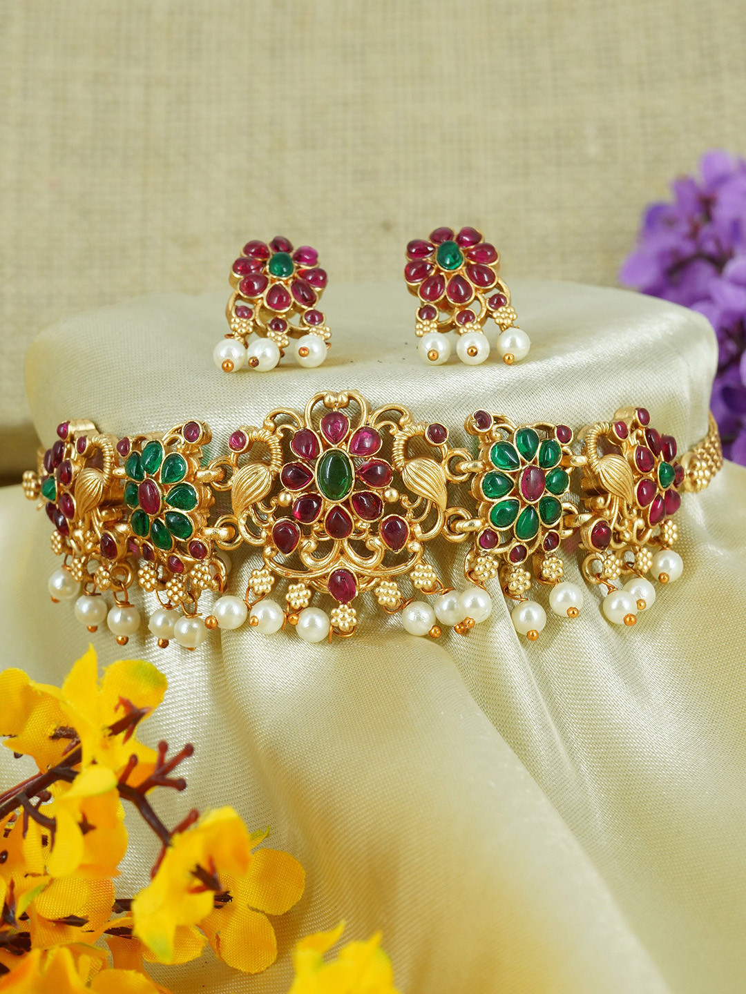 

GRIIHAM Gold-Plated AD-Studded & Beaded Choker Jewellery Set