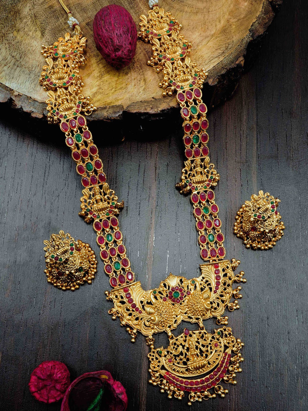 

GRIIHAM Gold-Plated Stone-Studded Long Antique Temple Jewellery Set