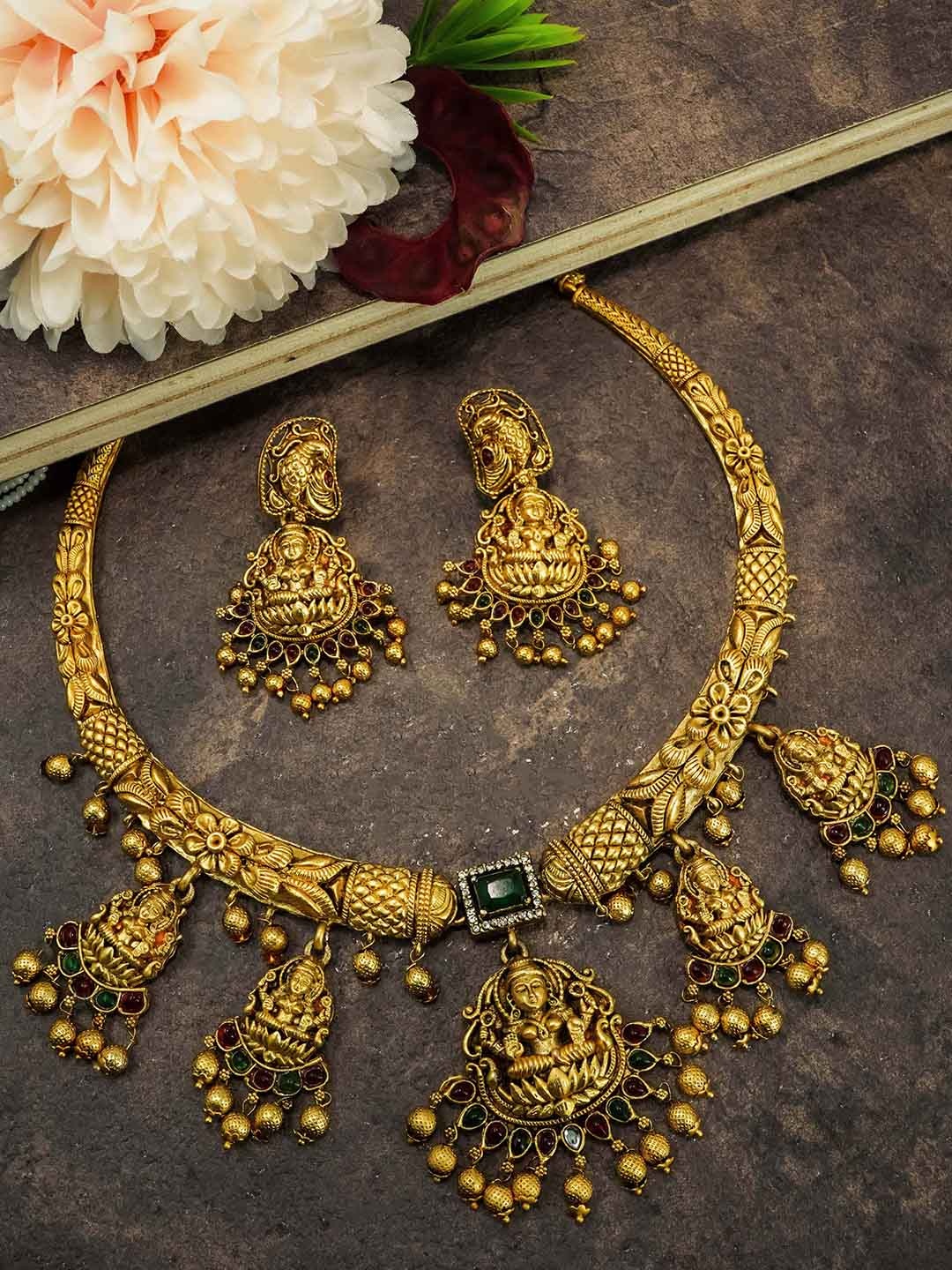 

GRIIHAM Gold-Plated CZ-Studded Antique Short Jewellery Set