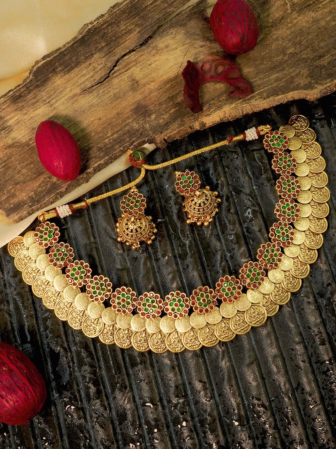 

GRIIHAM Gold-Plated CZ-Studded Antique Short Jewellery Set