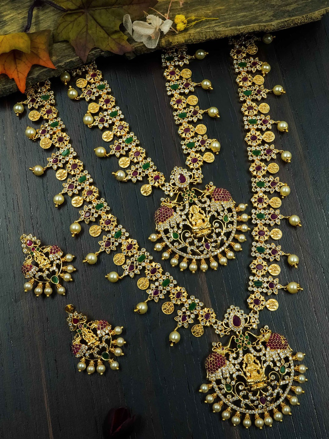 

GRIIHAM Gold-Plated CZ-Studded & Beaded Lakshmi Jewellery Set