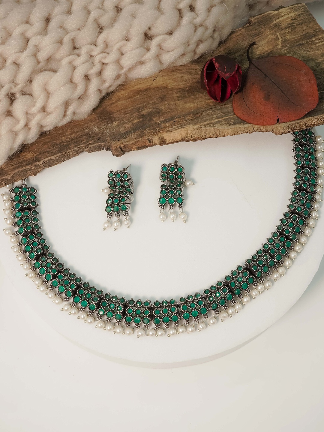 

GRIIHAM Silver-Plated AD-Studded & pearls Oxidised Jewellery Set