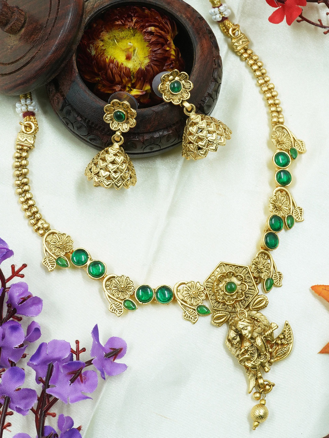 

GRIIHAM Gold-Plated AD-Studded & Radhe Krishna Motif Jewellery Set