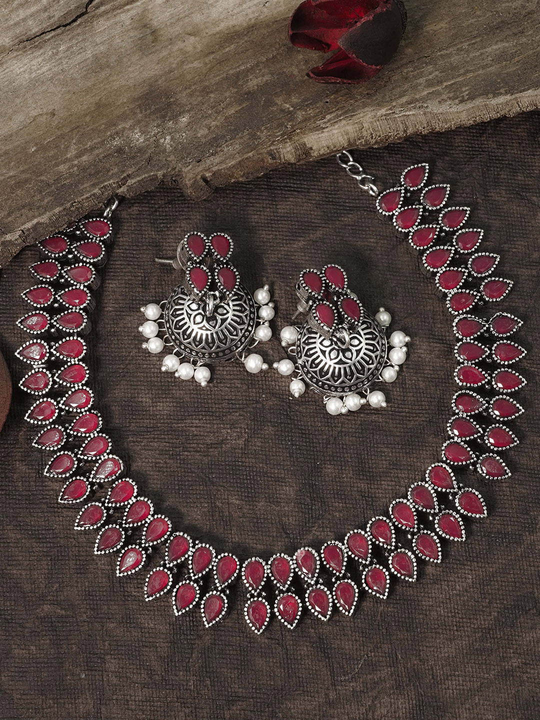

GRIIHAM Silver-Plated AD-Studded Oxidised Jewellery Set