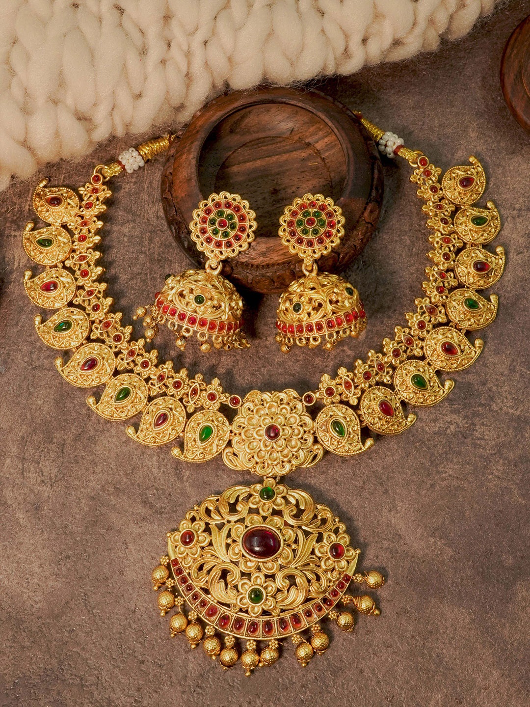 

GRIIHAM Gold-Plated CZ-Studded Antique Short Jewellery Set