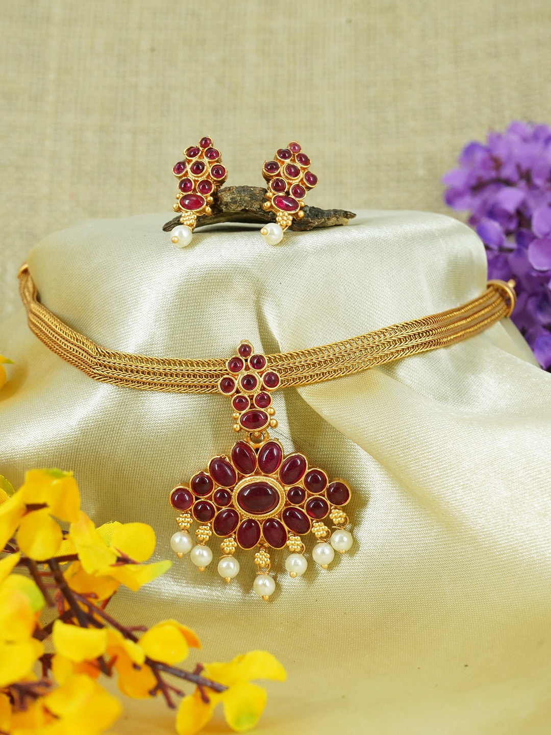 

GRIIHAM Gold-Plated AD-Studded & Pearls-Beaded Jewellery Set