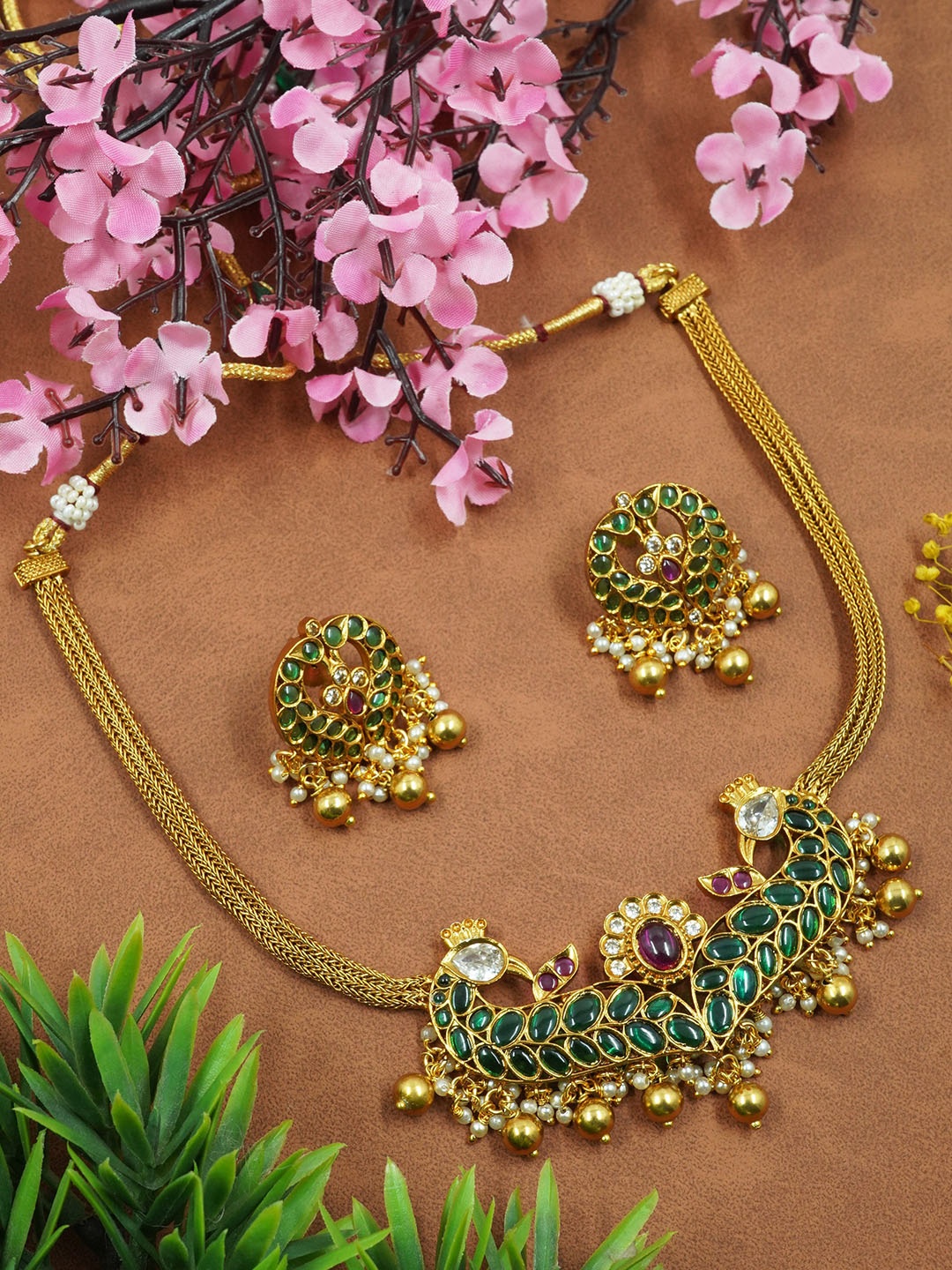 

GRIIHAM Gold-Plated AD-Studded & Beaded Jewellery Set