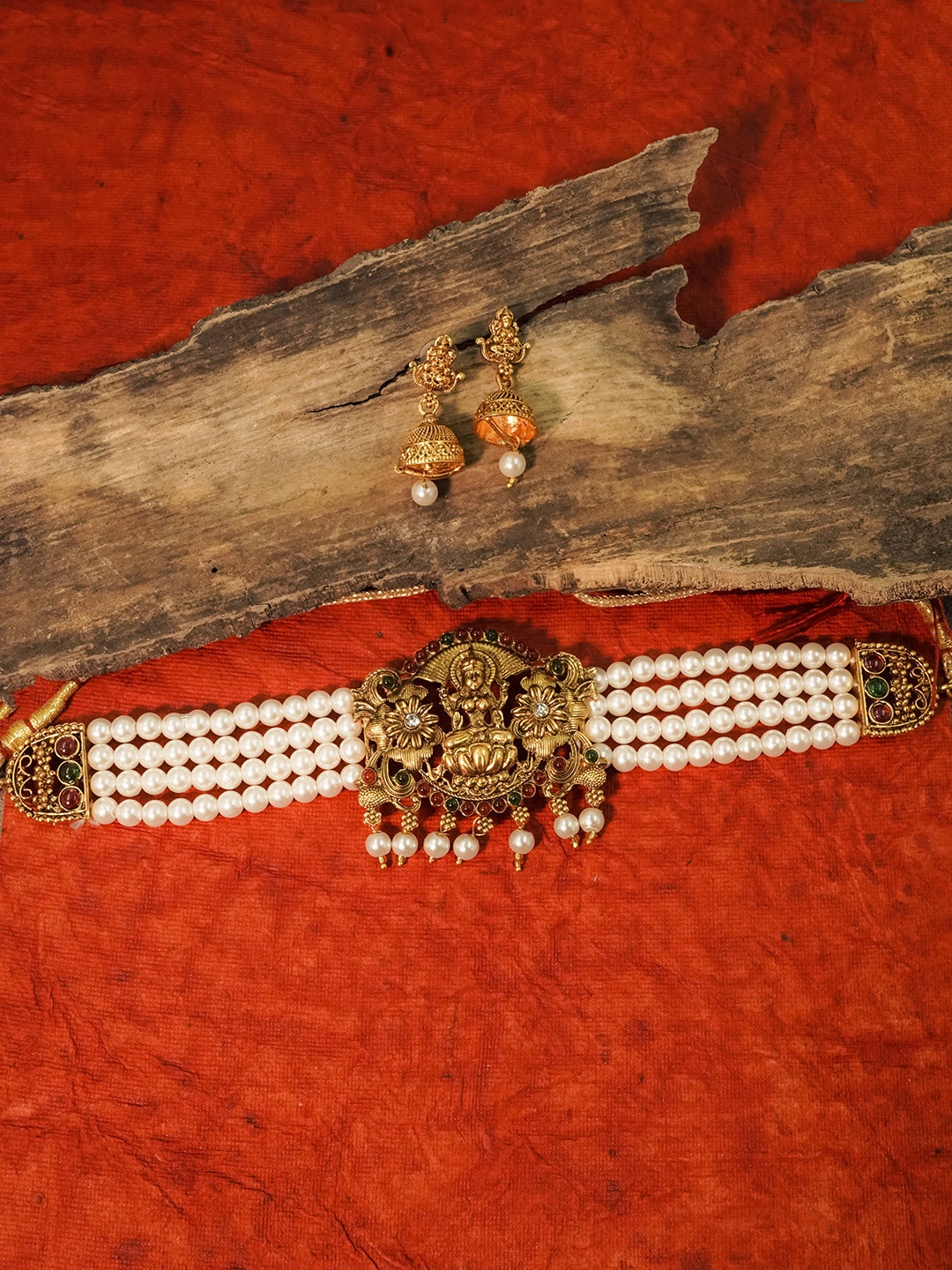 

GRIIHAM Gold-Plated AD-Studded & Beaded Choker Antique Jewellery Set