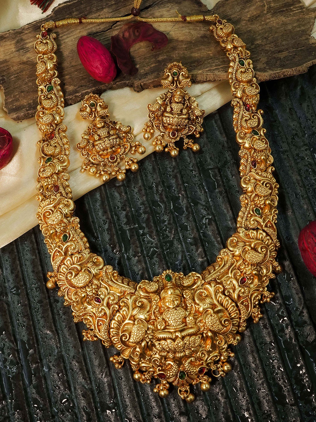 

GRIIHAM Gold-Plated CZ-Studded Laxmi-Motif Jewellery Set