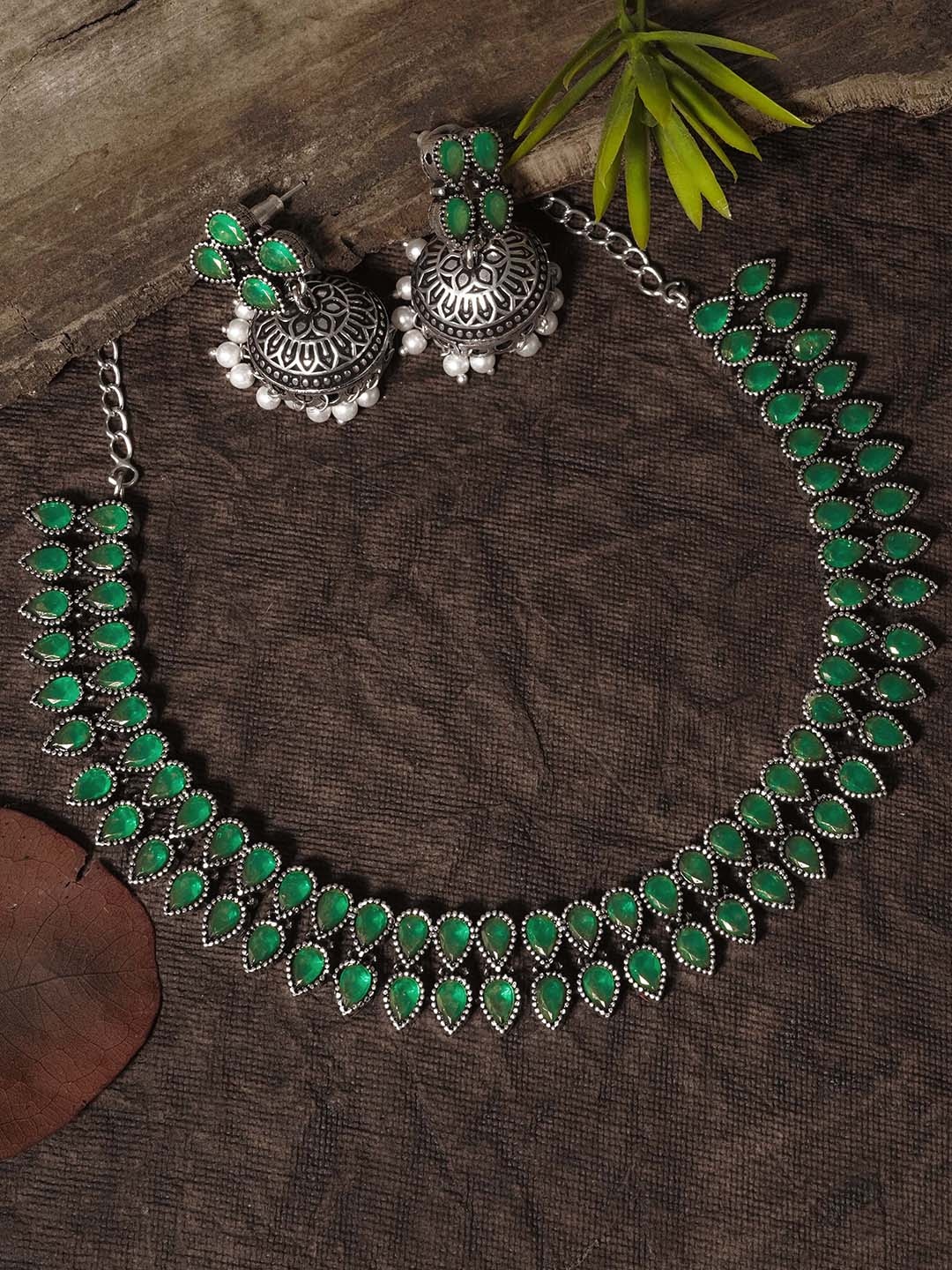 

GRIIHAM Silver-Plated AD-Studded & Two-Line Oxidised Jewellery Set