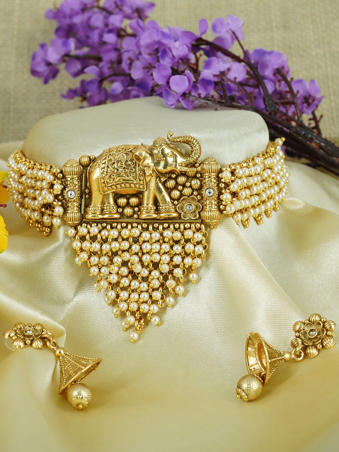 

GRIIHAM Gold-Plated Stone-Studded Pearl Beaded Brass Jewellery Set