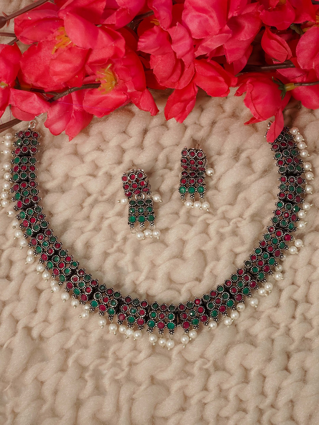 

GRIIHAM Silver-Plated AD-Studded & Two-Line Classy Oxidised Jewellery Set