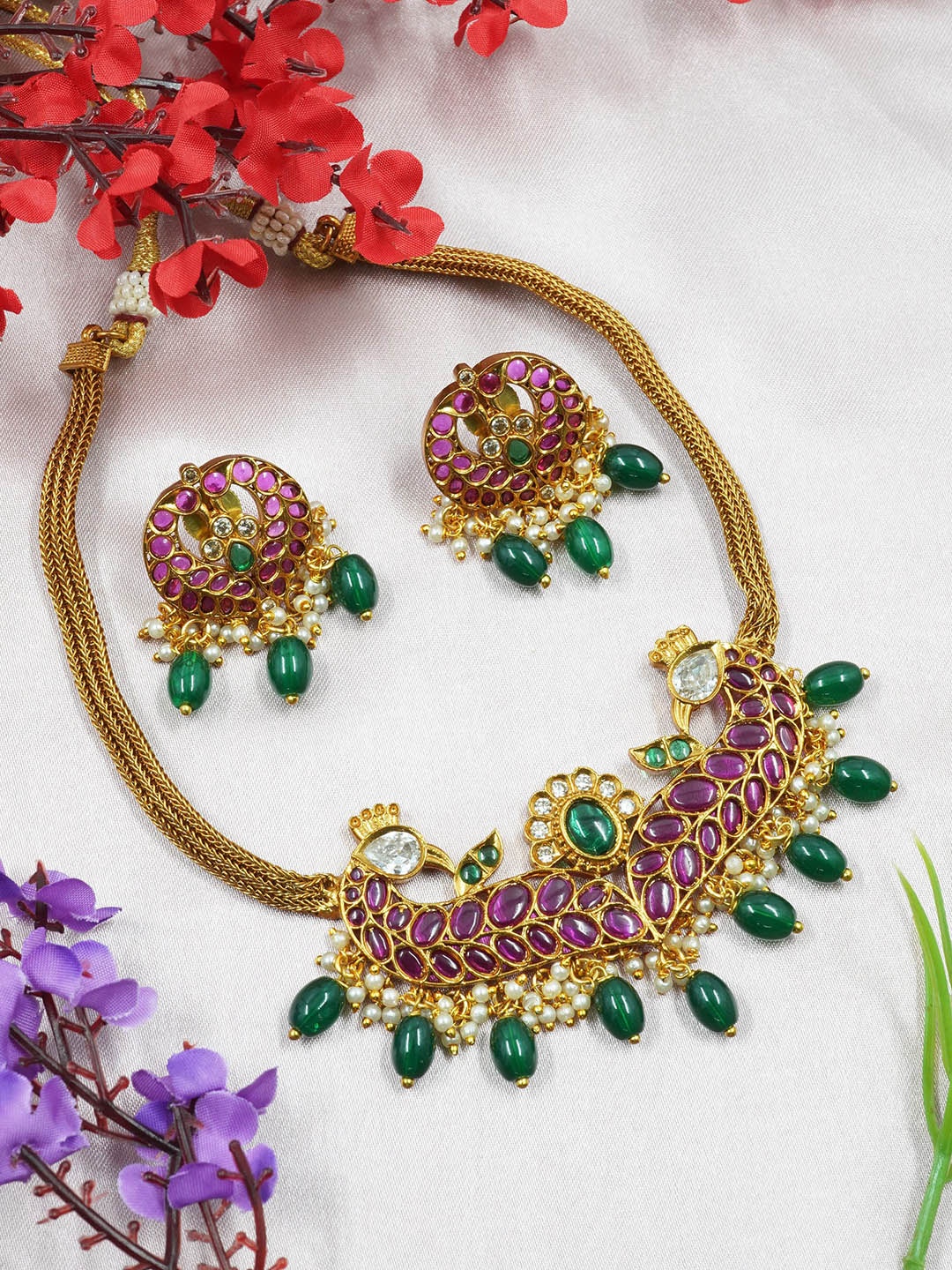 

GRIIHAM Gold-Plated AD-Studded & Beaded Jewellery Set