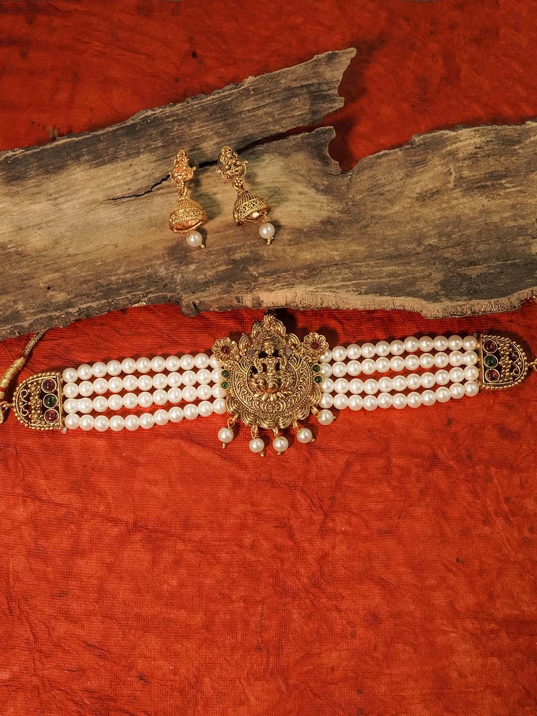 

GRIIHAM Gold-Plated CZ-Studded & Pearls-Beaded Choker Antique Temple Jewellery Set