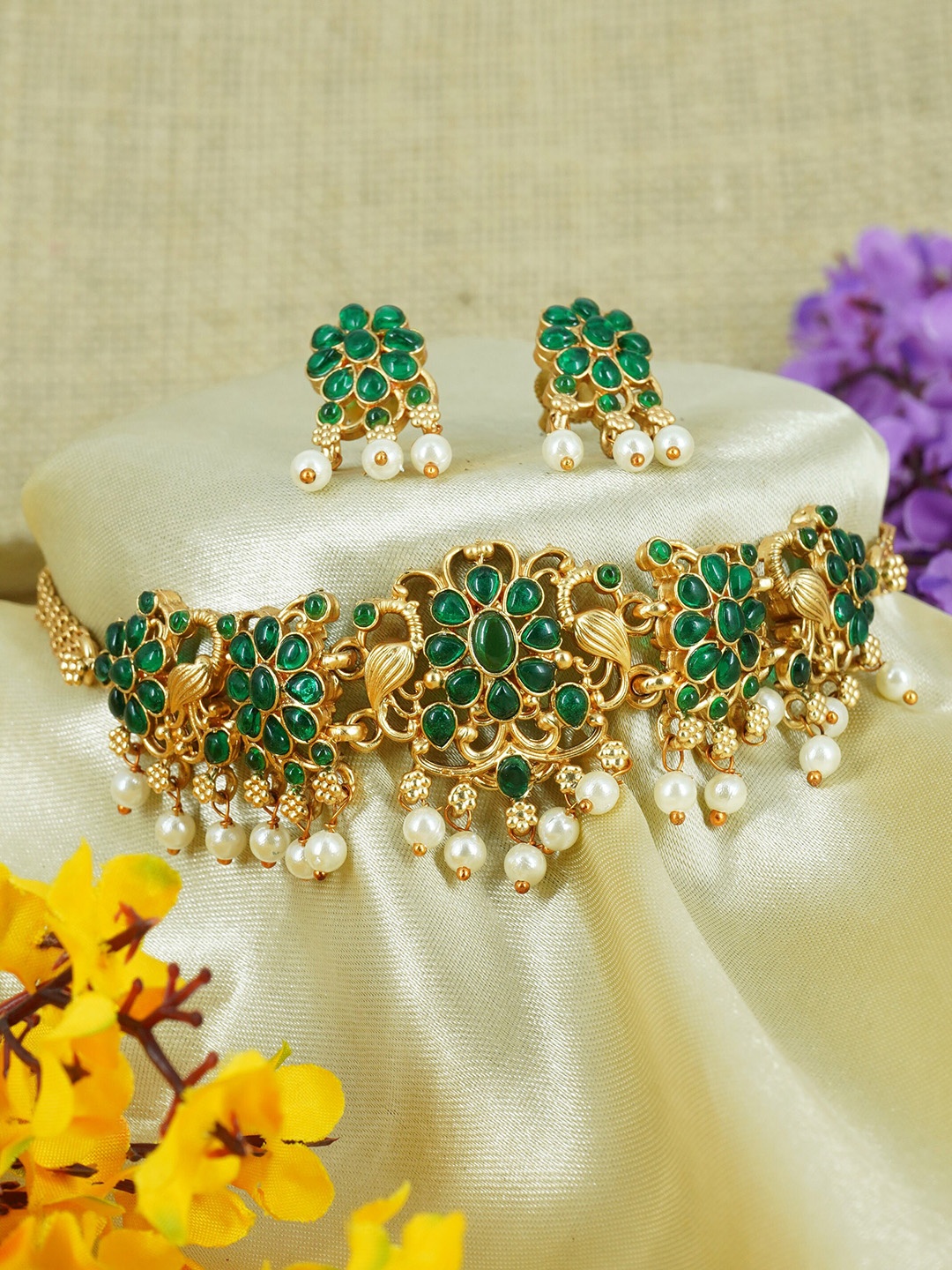 

GRIIHAM Gold-Plated AD-Studded & Beaded Choker Jewellery Set