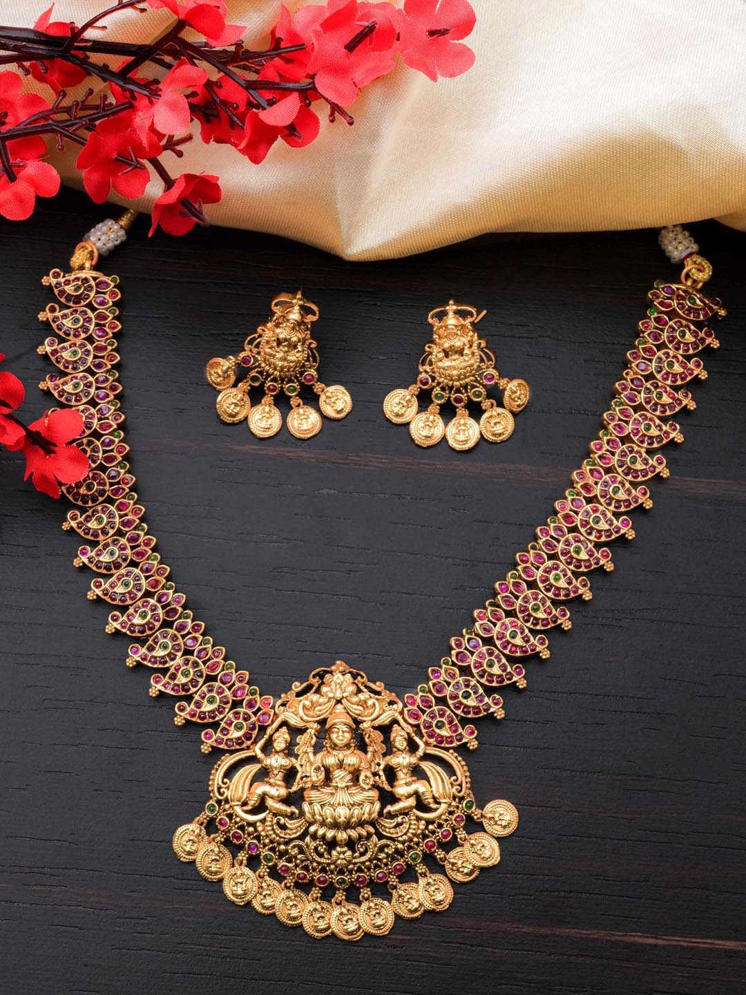 GRIIHAM Gold-Plated AD-Studded Temple Jewellery Set