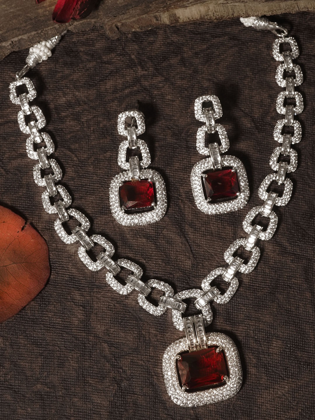 

GRIIHAM Gold-Plated CZ-Studded Brass Jewellery Set, Silver