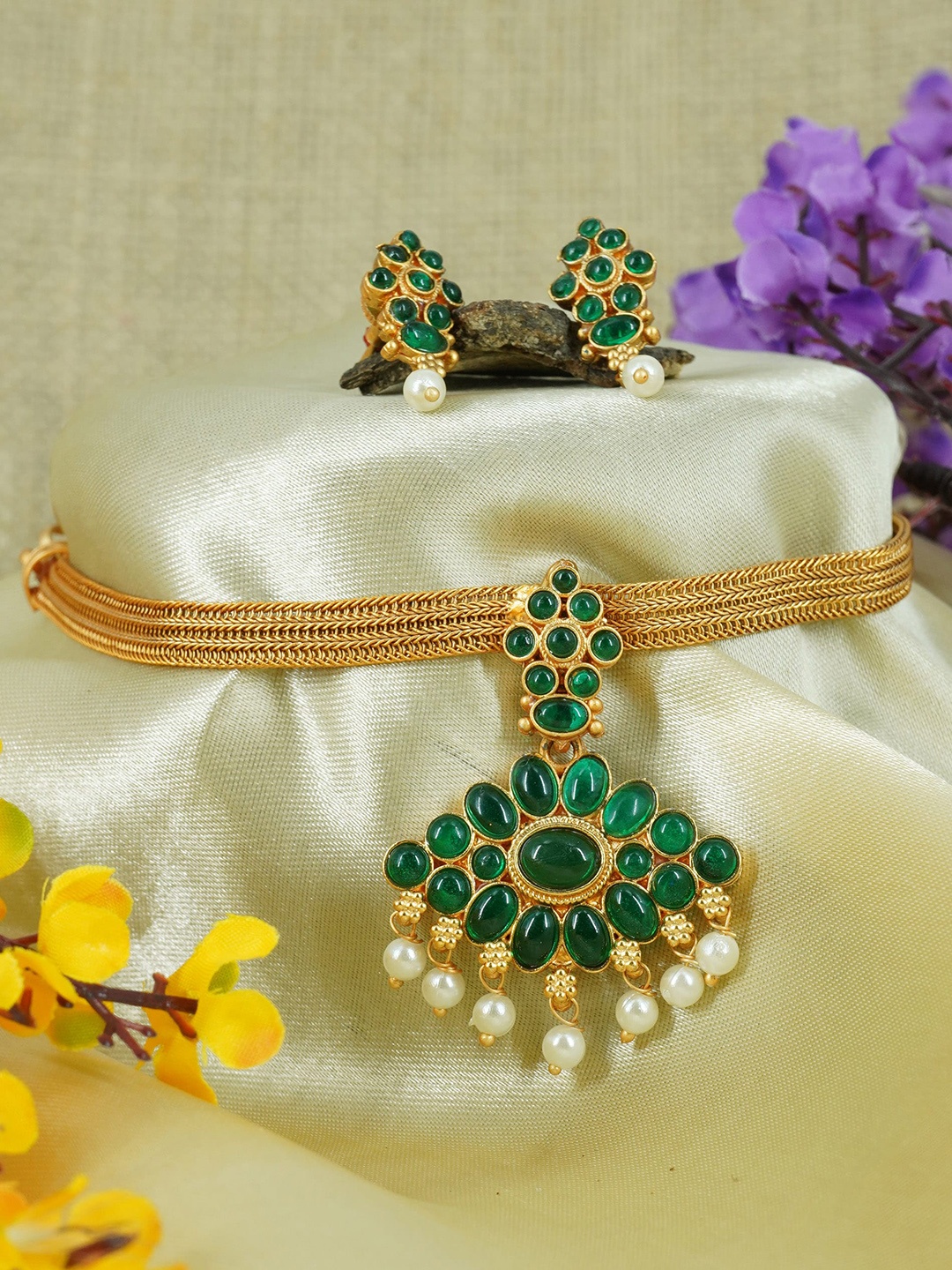 

GRIIHAM Gold-Plated AD-Studded & Pearls-Beaded Jewellery Set