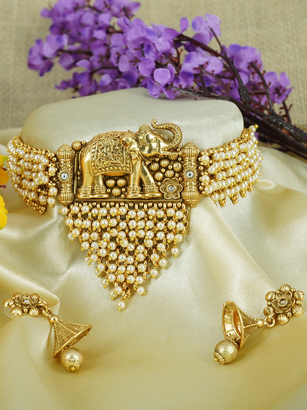 

GRIIHAM Gold-Plated AD-Studded & Beaded Jewellery Set