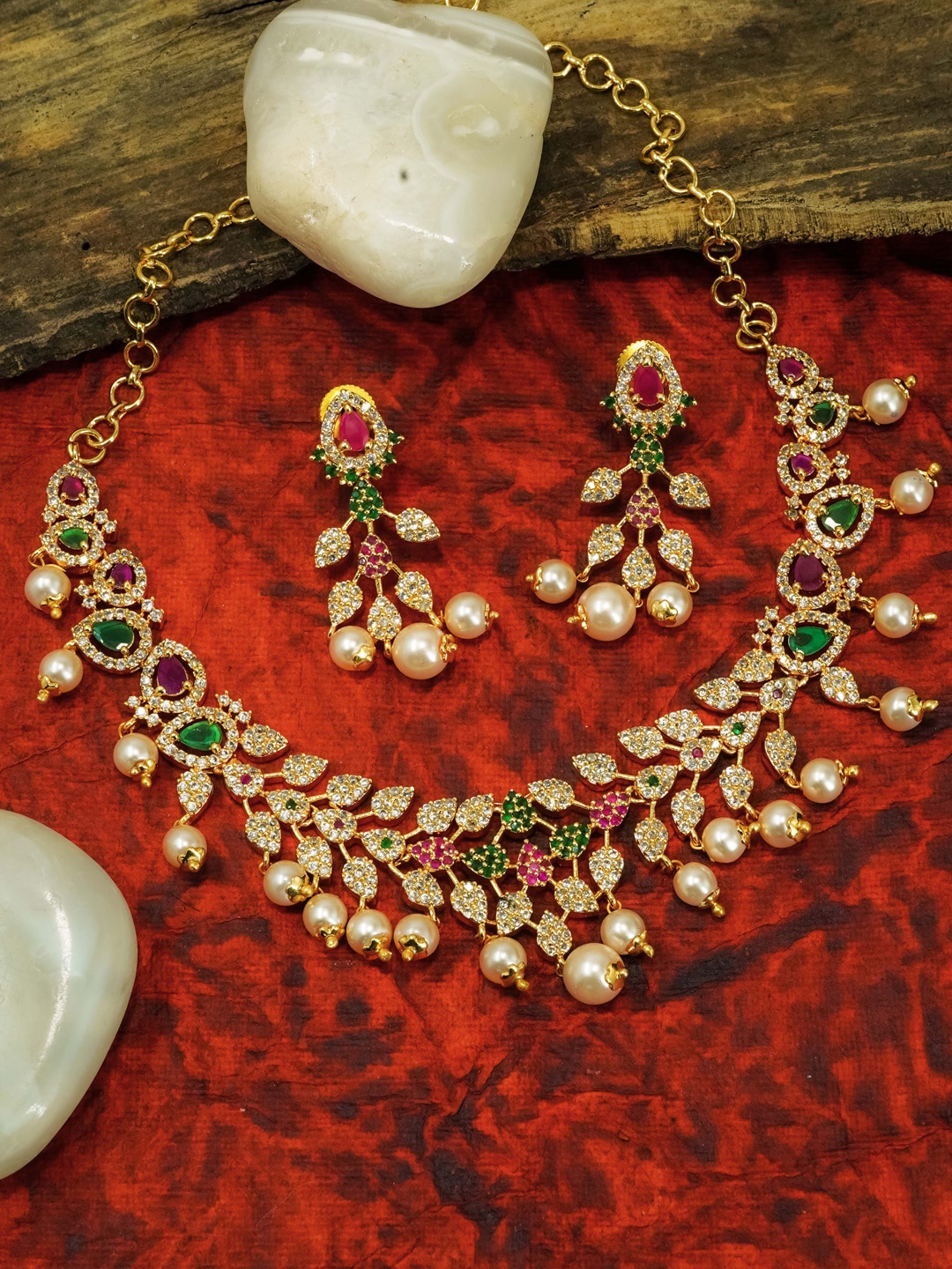 

GRIIHAM Gold-Plated CZ-Studded & Beaded Necklace With Earring