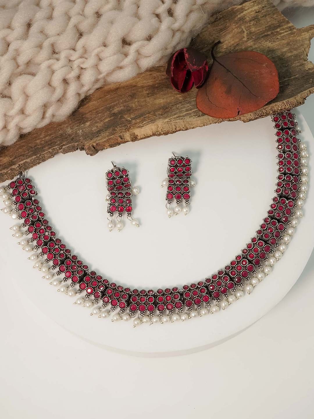 

GRIIHAM Silver-Plated AD-Studded & Beaded Oxidised Jewellery Set