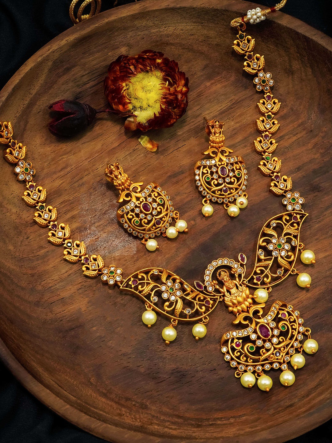 

GRIIHAM Gold-Plated CZ Studded & Beaded Matt Finish Temple Jewellery Set